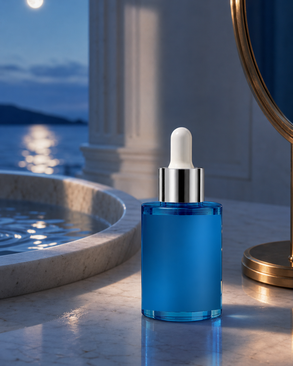 Celestial Ritual serum at night by moonlit water, the blue hour