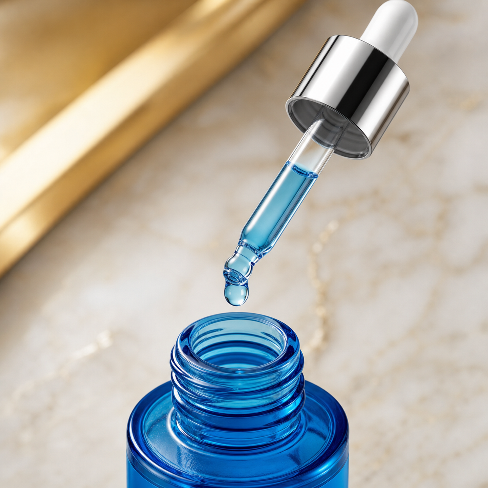 Celestial Ritual dropper with a blue serum drop, close-up