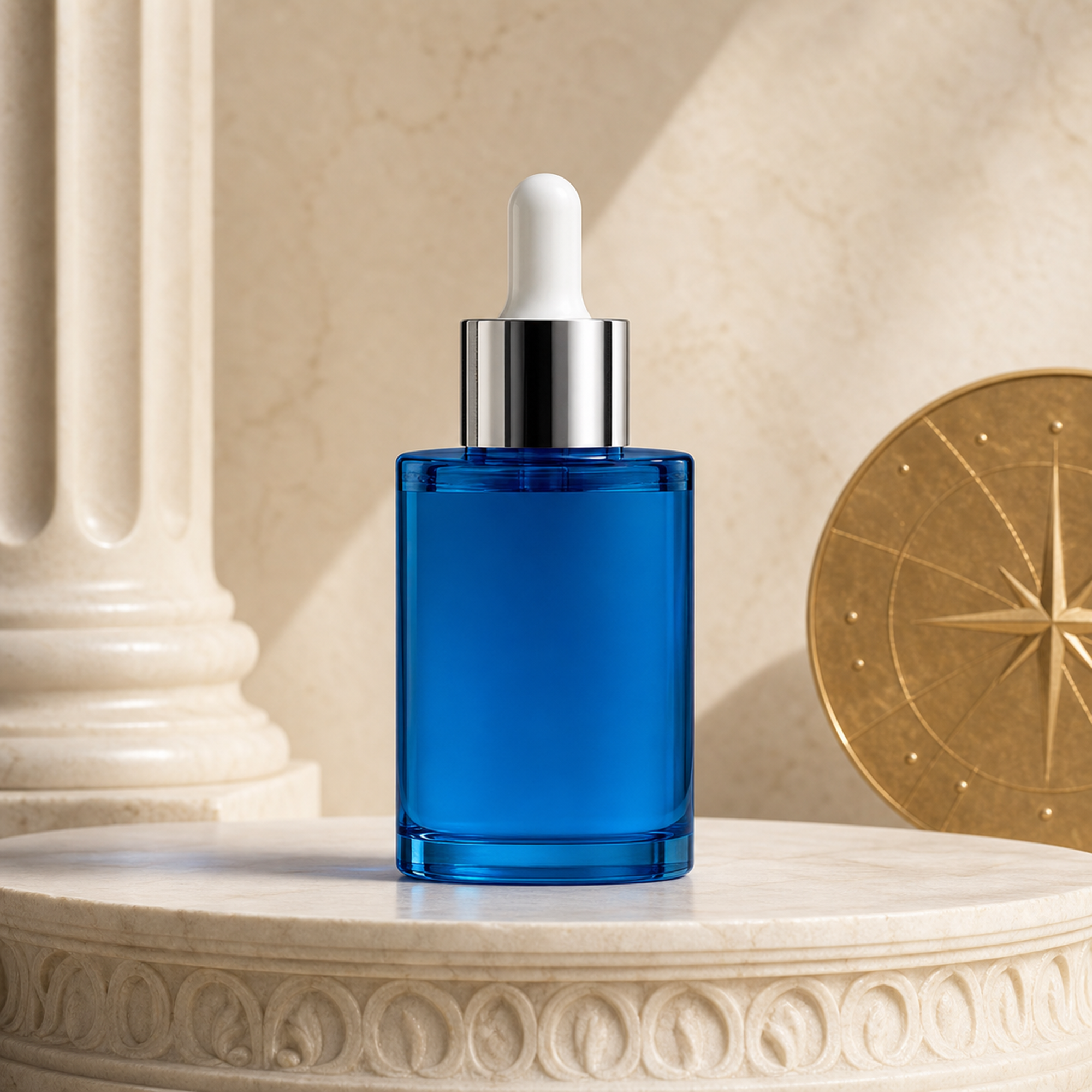 Celestial Ritual blue copper peptide serum on marble pedestal