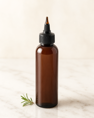 Deep Roots amber bottle with rosemary sprig