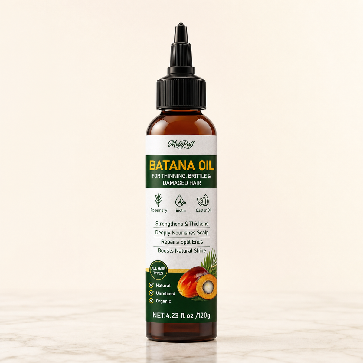 Deep Roots batana and rosemary hair oil bottle — neutral studio hero
