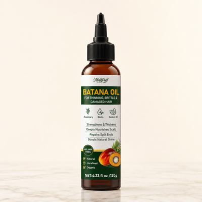 Deep Roots batana and rosemary hair oil bottle — neutral studio hero