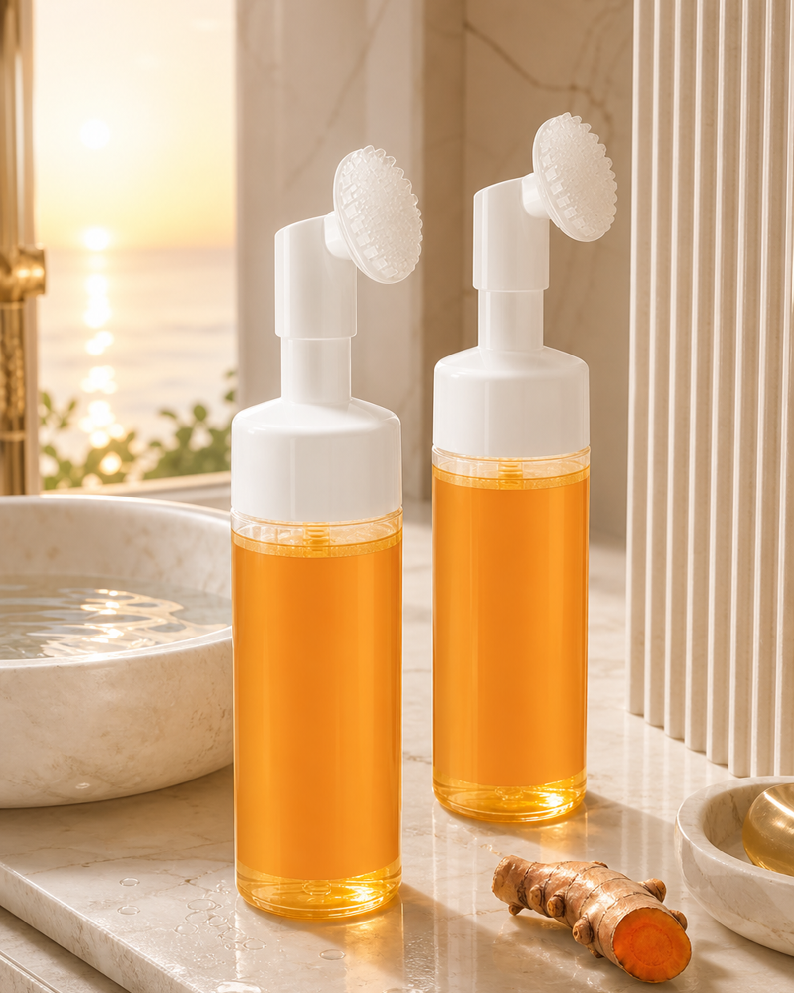 First Light cleansing foam duo in a marble bathroom at sunrise
