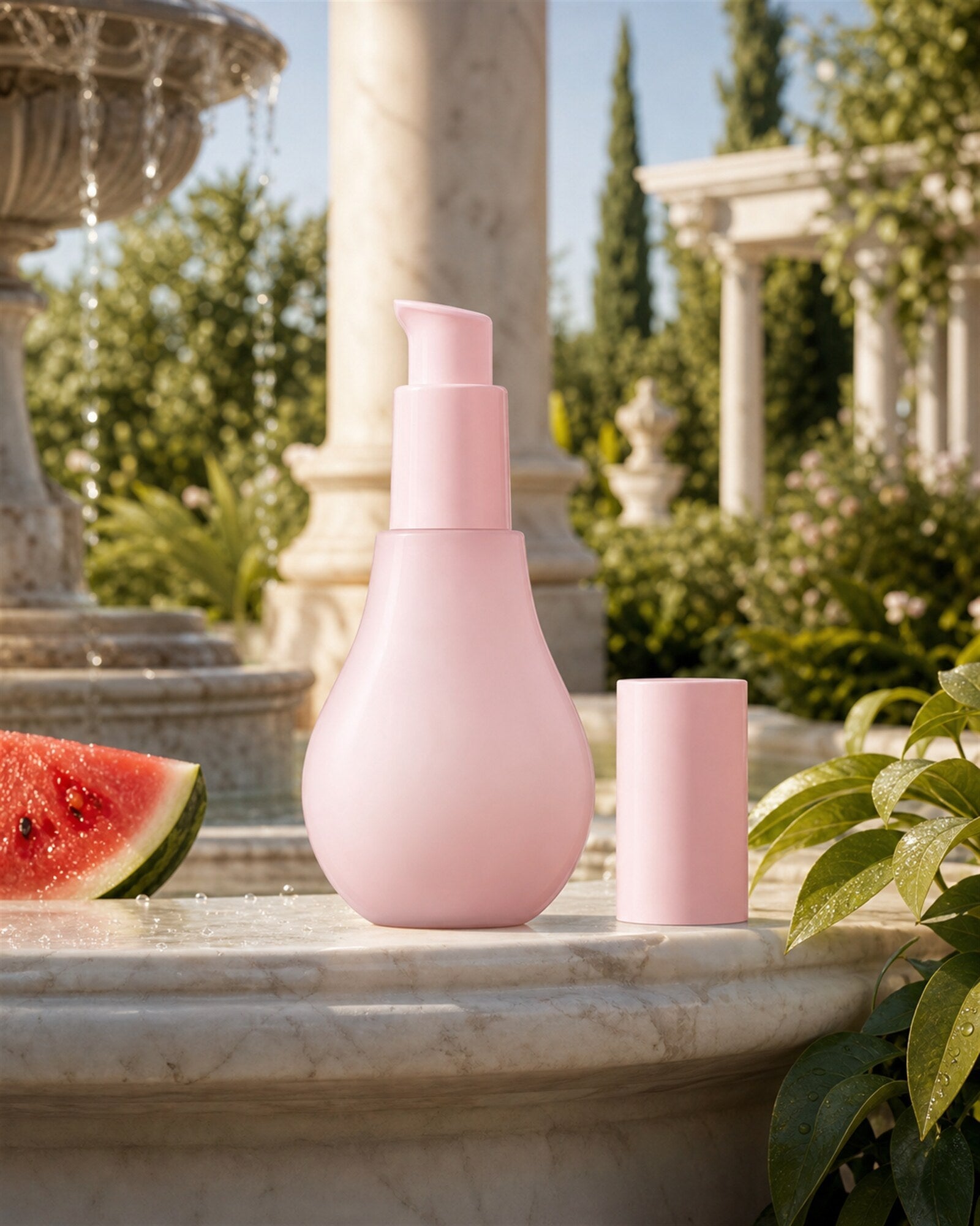 Gaia's Glow in a classical garden by a fountain