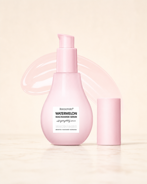 Gaia's Glow serum with fresh watermelon on beige studio set