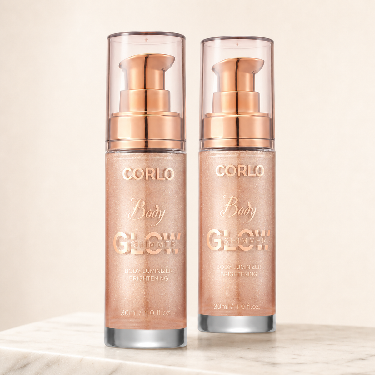 Gilded Dew shimmer body oil duo — neutral studio hero