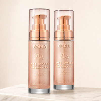 Gilded Dew shimmer body oil duo — neutral studio hero