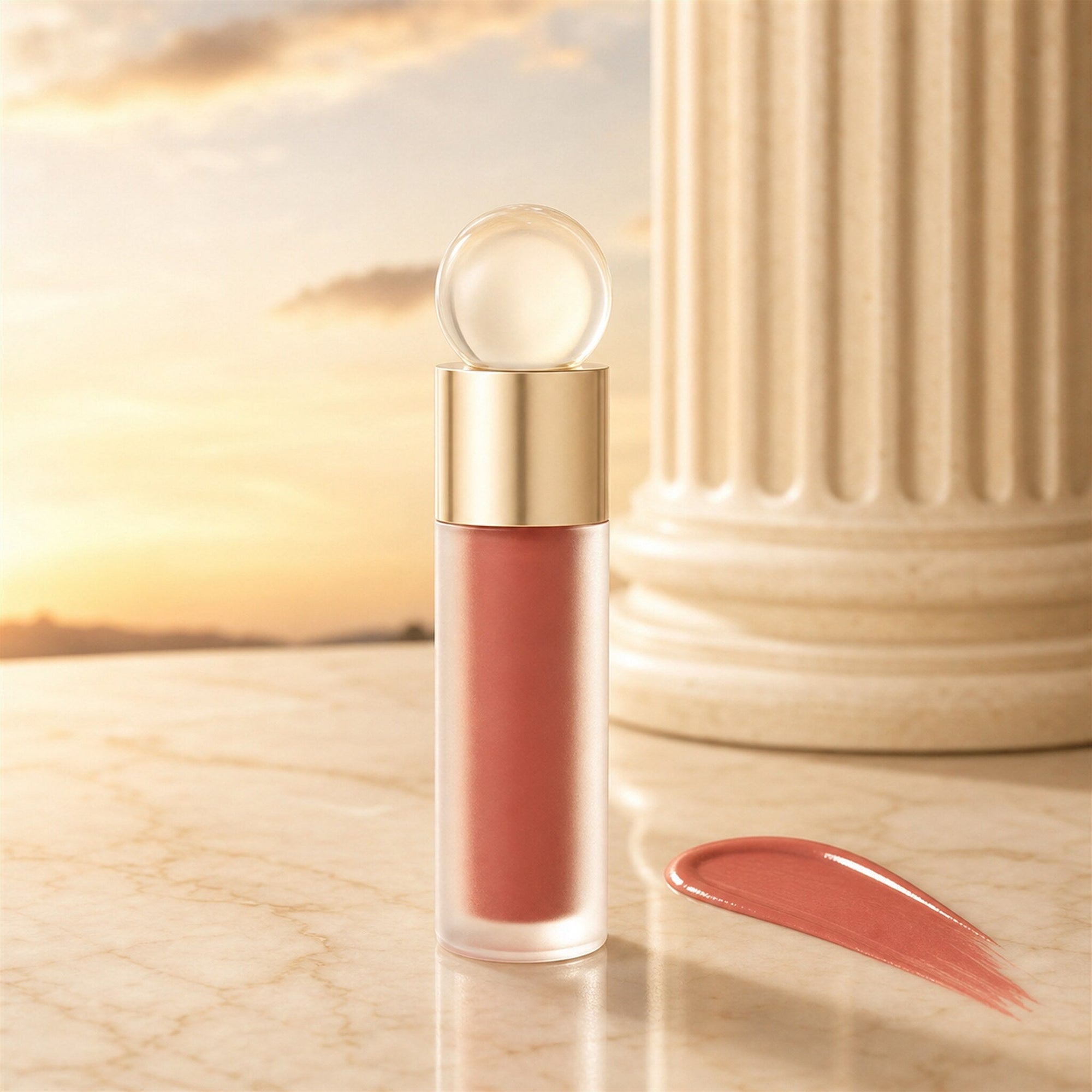 Golden Hour velvet liquid blush at sunset with swatch