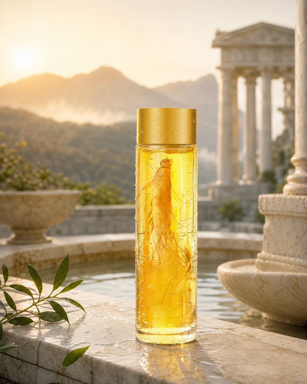 Hermon Dew essence beside a temple fountain at sunrise