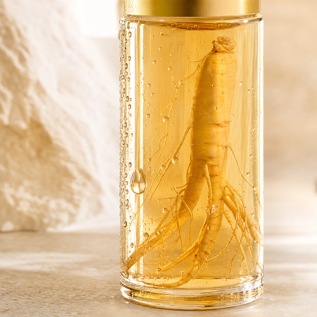 Hermon Dew macro of ginseng root and dew drops on glass