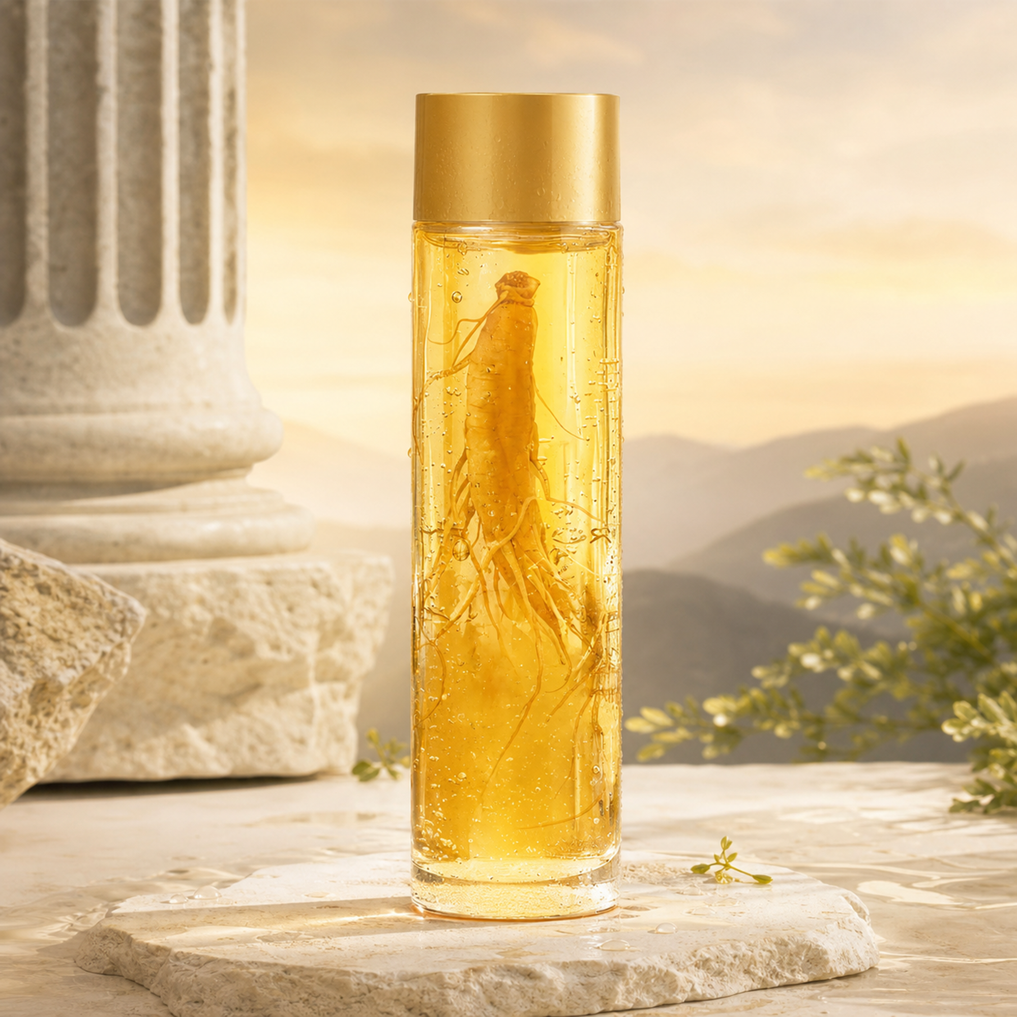 Hermon Dew ginseng essence bottle with dew on stone, mountain dawn