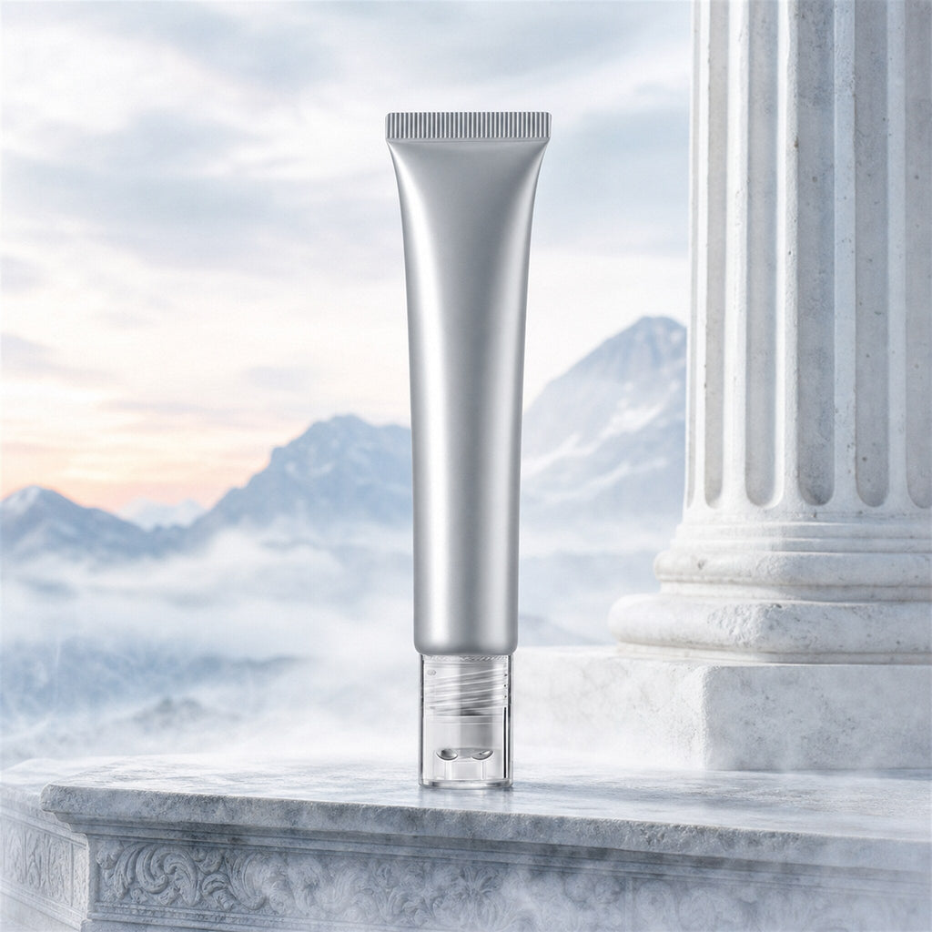 Morning Mist peptide eye serum tube over misty mountains