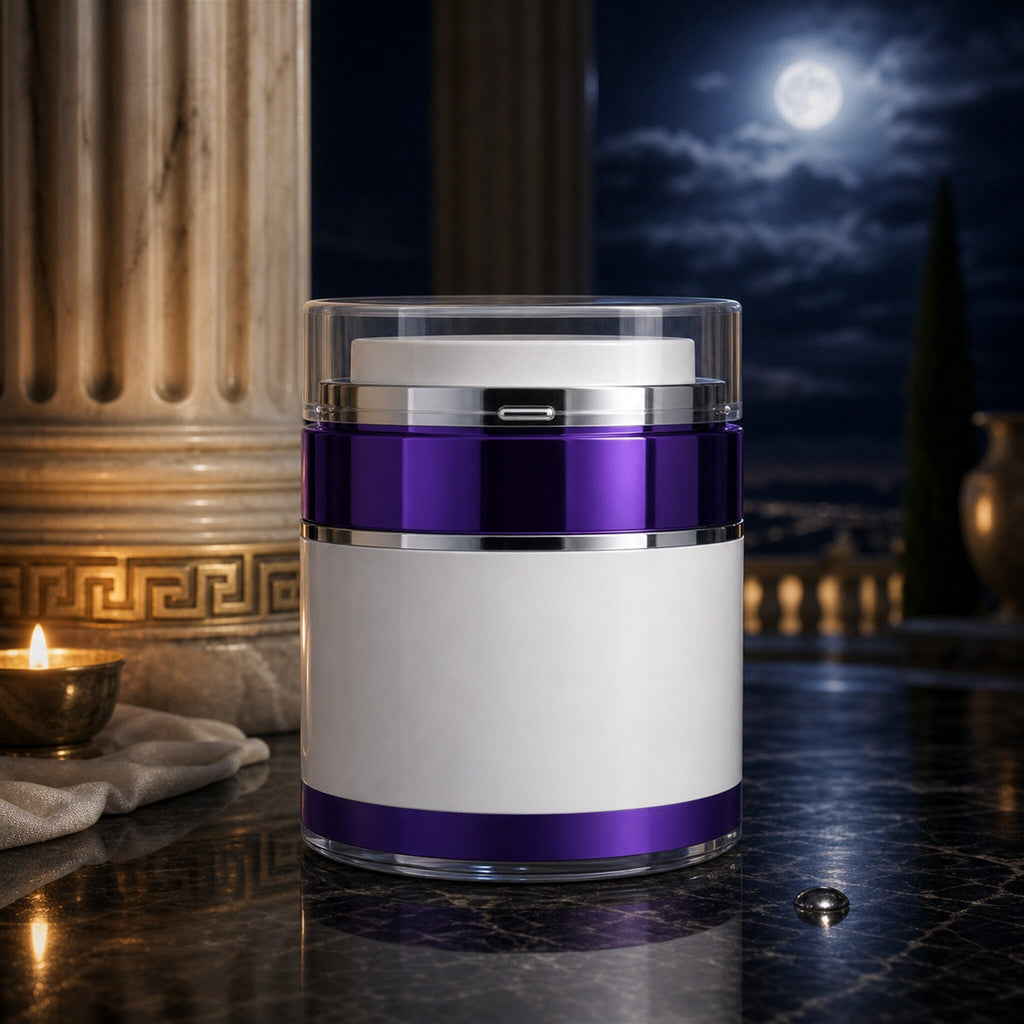 Night Nectar retinol night cream jar on dark marble under moonlight