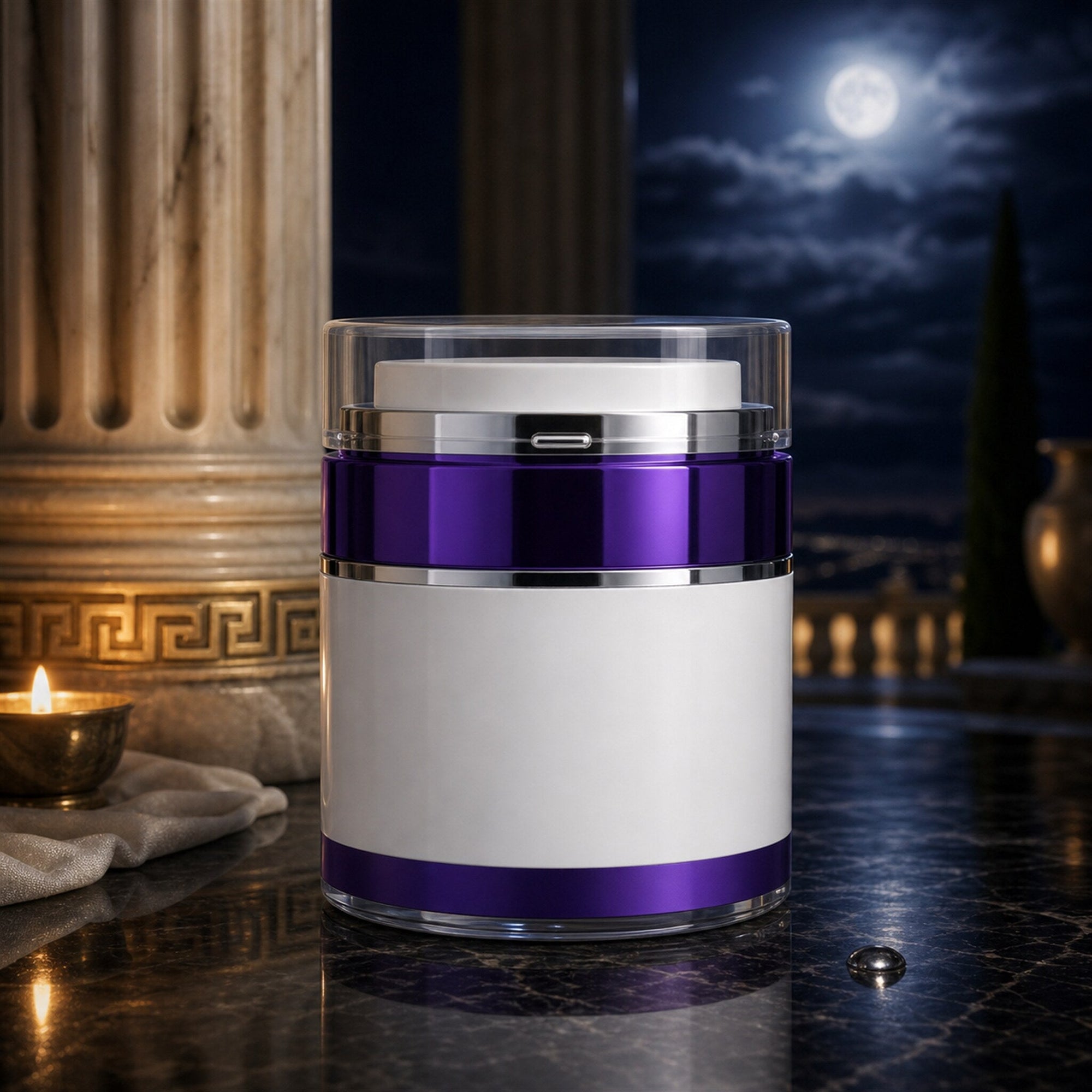 Night Nectar retinol night cream jar on dark marble under moonlight