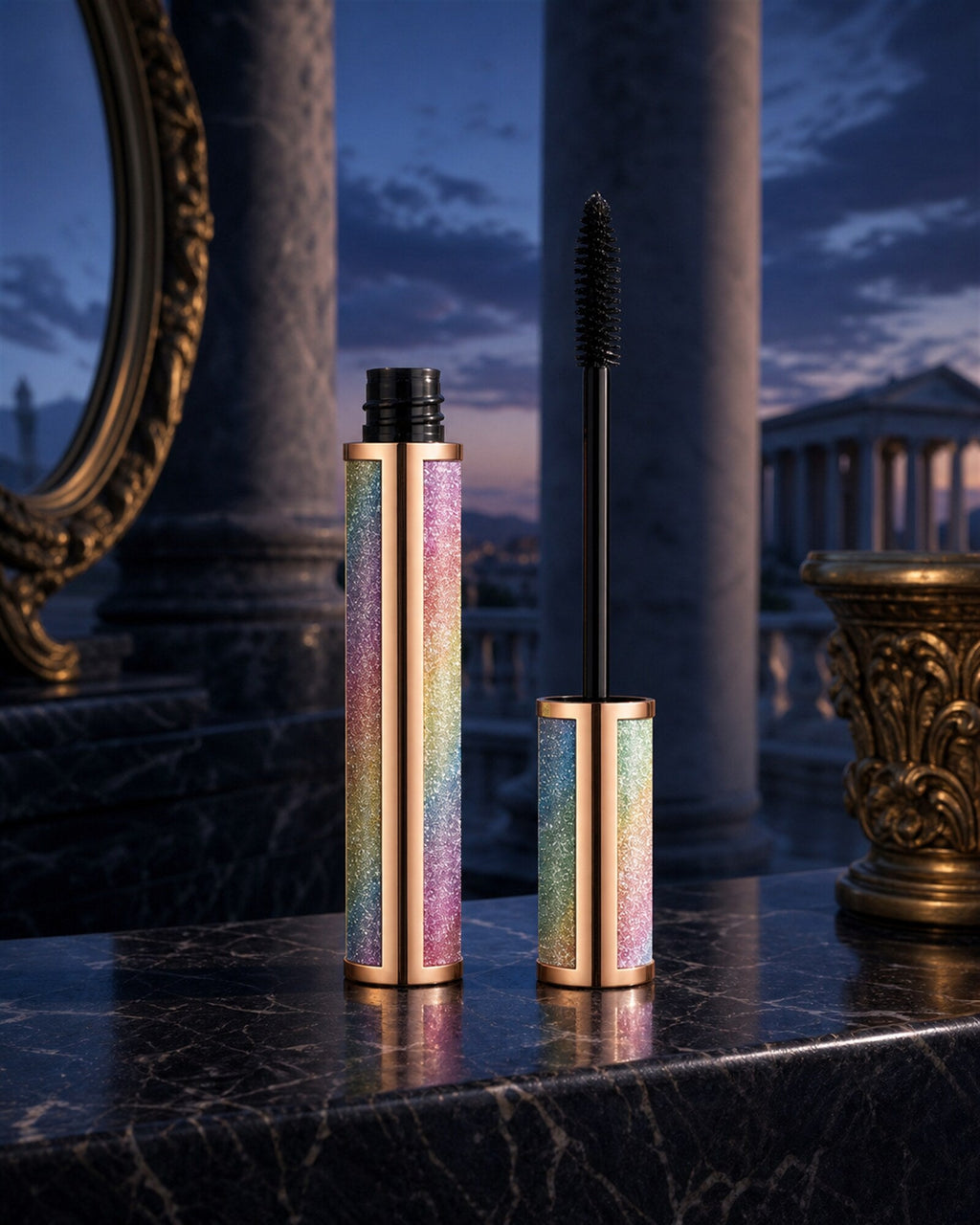 Obsidian Night mascara at the blue hour between columns