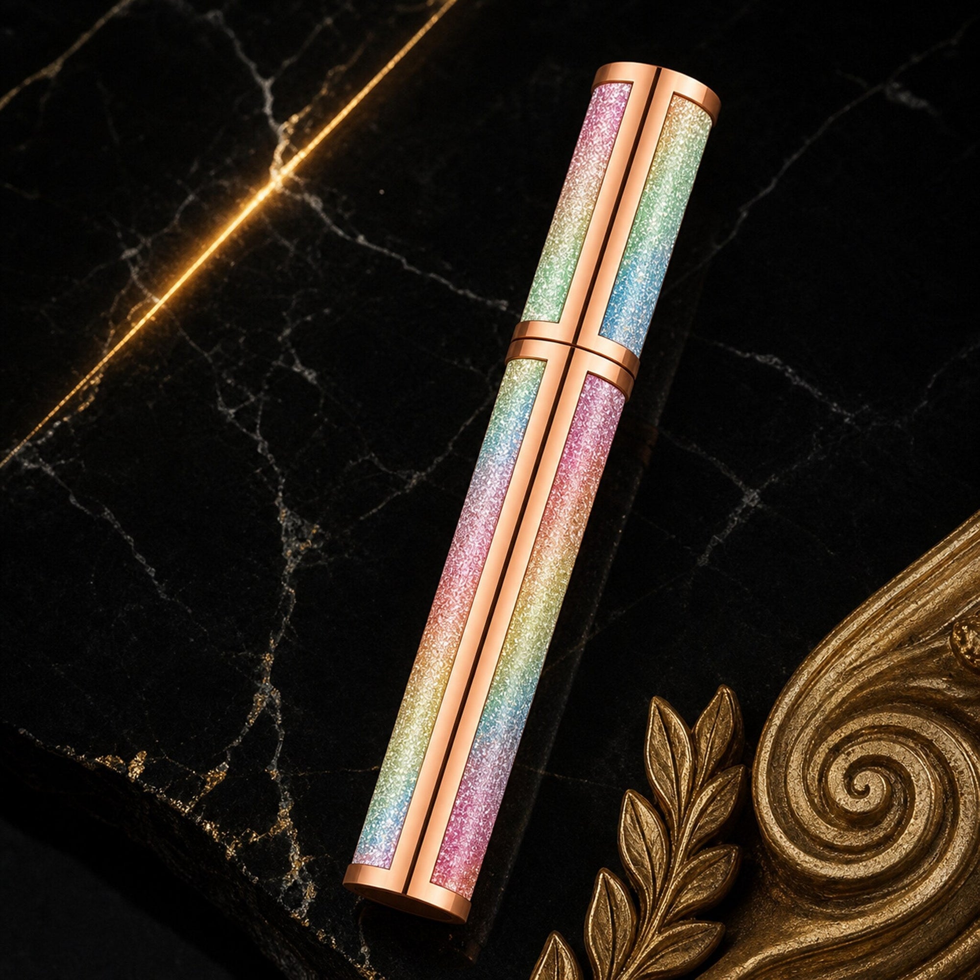 Obsidian Night 4D silk fiber mascara on black marble with gold