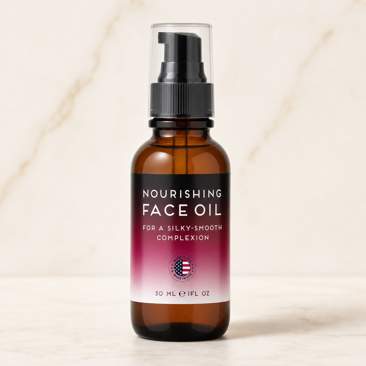 Precious Oil radiance face oil amber bottle — neutral studio hero