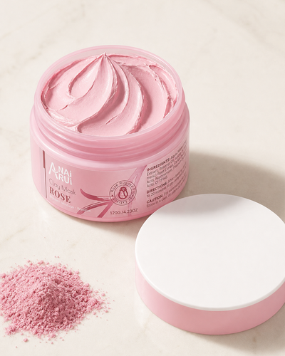 Rose of Sharon open jar with rose-petal clay texture and pink clay powder